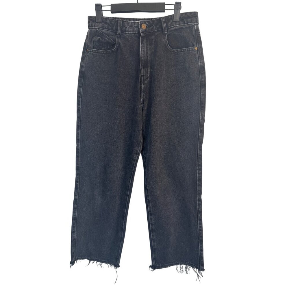 ZARA Size 8 Black High-Waist Straight-Leg Jeans Raw Hem